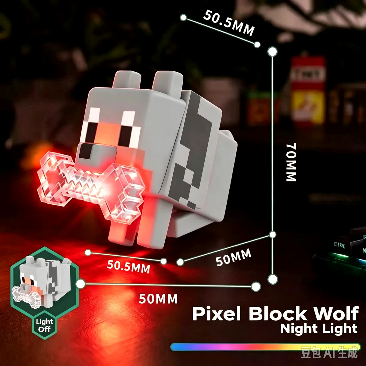 Pixel Wolf Dog LED Night Light, Game Style Block Animal Decor Lamp