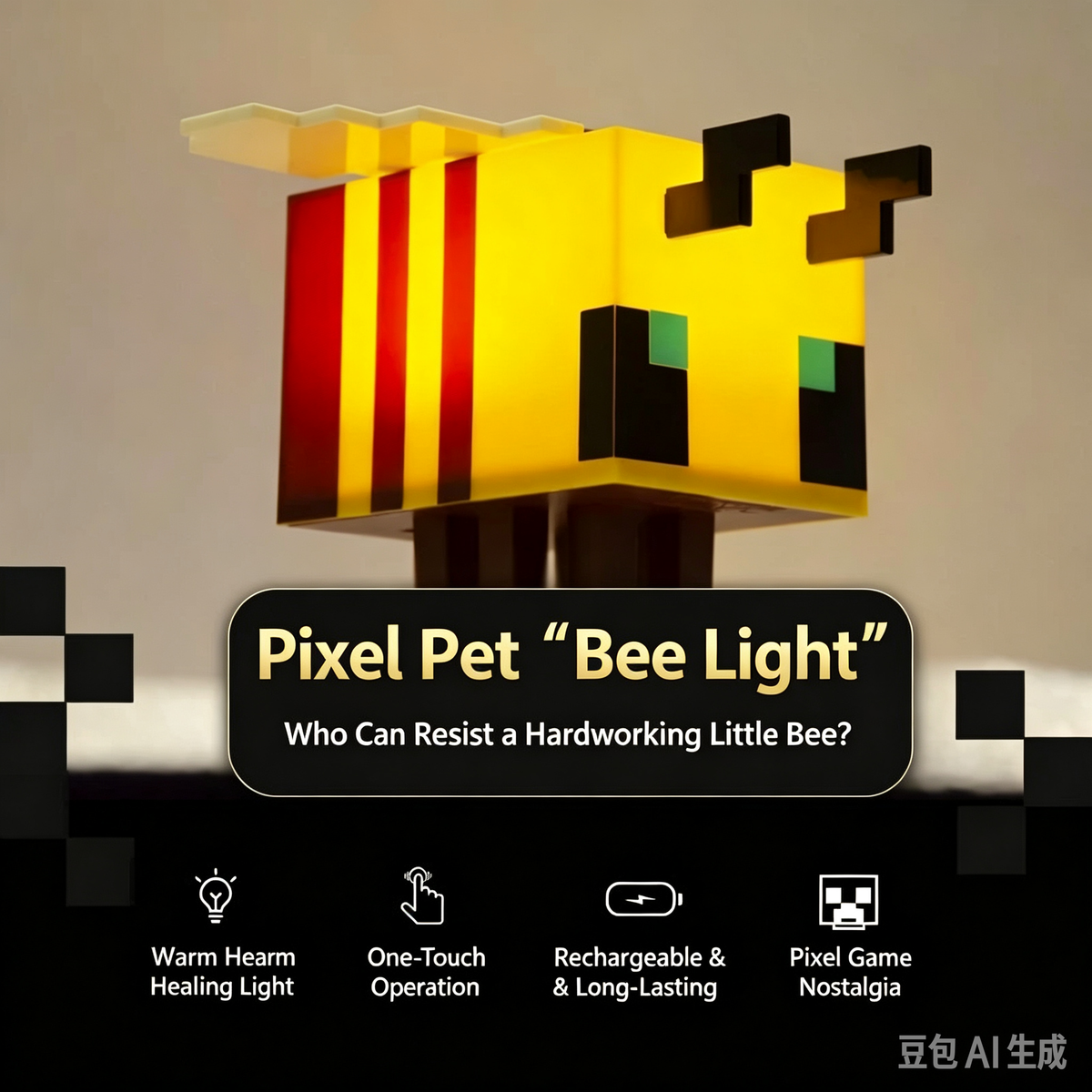 Rechargeable Pixel Bee LED Night Light, One-Touch Game Style Block Lamp