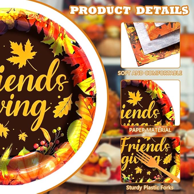 96 Pieces Friendsgiving Tableware Set Party Supplies - Fall Thanksgiving Pattern Disposable Dinnerware with Paper Plates, Napkins, Forks for Autumn Harvest, and Friendsgiving Dinner BBQ Picnic Favors