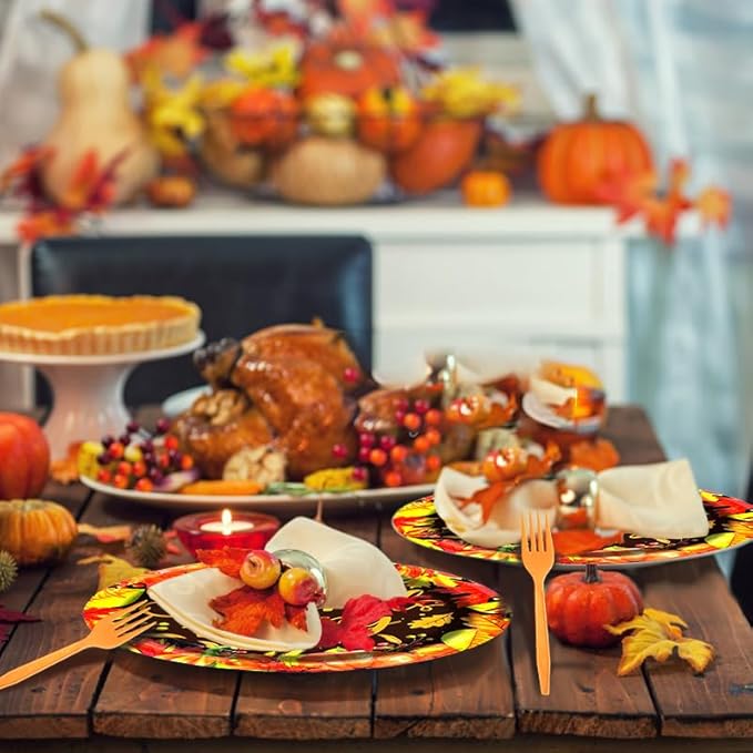 96 Pieces Friendsgiving Tableware Set Party Supplies - Fall Thanksgiving Pattern Disposable Dinnerware with Paper Plates, Napkins, Forks for Autumn Harvest, and Friendsgiving Dinner BBQ Picnic Favors