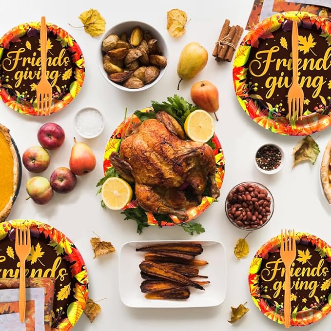 96 Pieces Friendsgiving Tableware Set Party Supplies - Fall Thanksgiving Pattern Disposable Dinnerware with Paper Plates, Napkins, Forks for Autumn Harvest, and Friendsgiving Dinner BBQ Picnic Favors