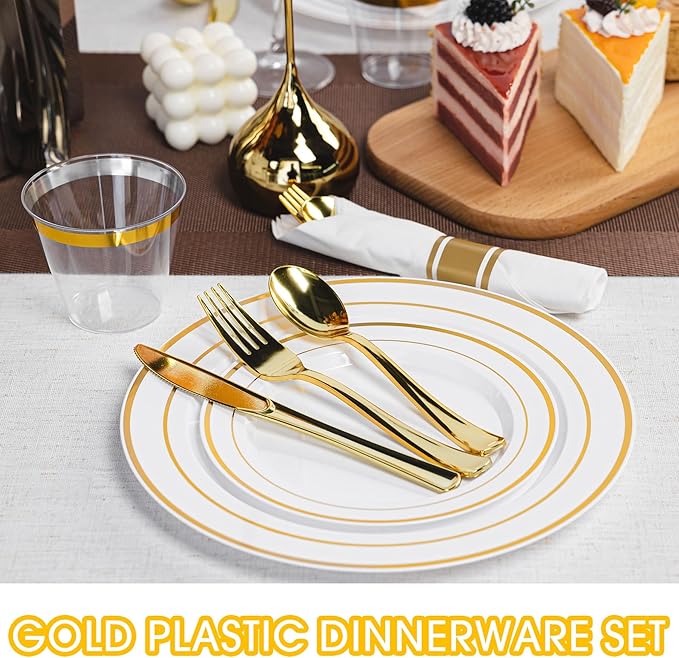 350PCS Gold Plastic Plates Dinnerware Set, Thanksgiving Disposable Plates, 50 Dinner and 50 Dessert Plates, 50 Pre Rolled Napkins with Silverware and 50 Cups for Party and Wedding
