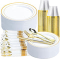 350PCS Gold Plastic Plates Dinnerware Set, Thanksgiving Disposable Plates, 50 Dinner and 50 Dessert Plates, 50 Pre Rolled Napkins with Silverware and 50 Cups for Party and Wedding