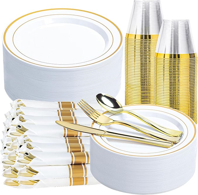 350PCS Gold Plastic Plates Dinnerware Set, Thanksgiving Disposable Plates, 50 Dinner and 50 Dessert Plates, 50 Pre Rolled Napkins with Silverware and 50 Cups for Party and Wedding
