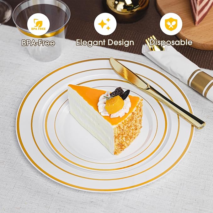 350PCS Gold Plastic Plates Dinnerware Set, Thanksgiving Disposable Plates, 50 Dinner and 50 Dessert Plates, 50 Pre Rolled Napkins with Silverware and 50 Cups for Party and Wedding