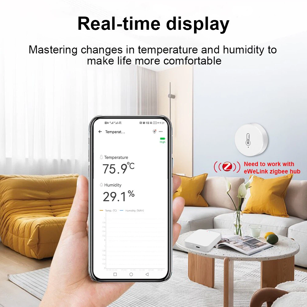 eWelink Zigbee Temperature Humidity Sensor, Smart Home Monitor, Works with Home Assistant, Zigbee2MQTT, Alexa & Google Assistant, Requires eWelink Zigbee Hub