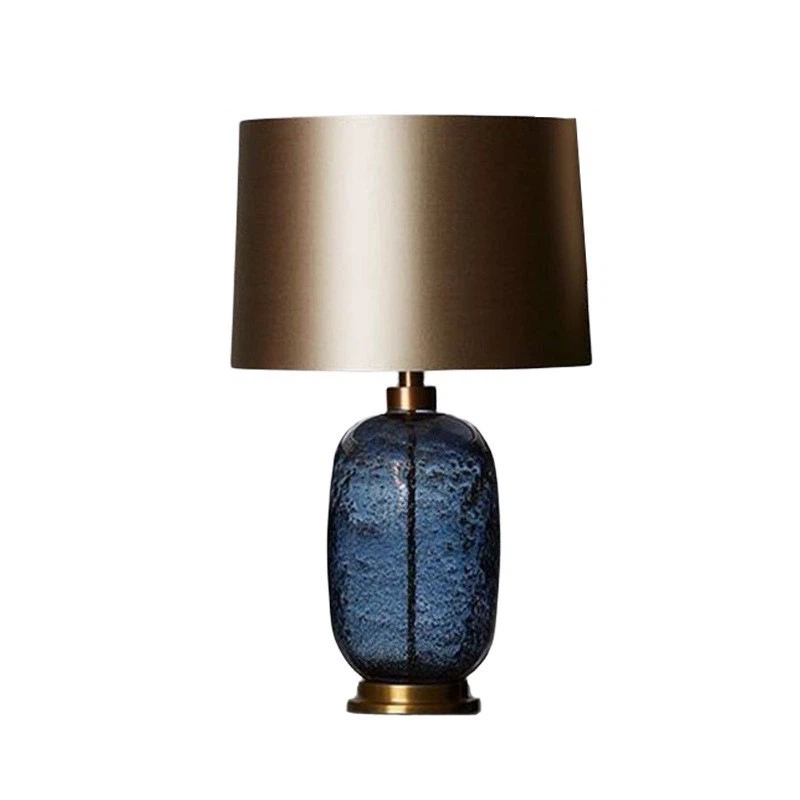 Blue Bubble Glass Table Lamp, Brass Base & Champagne Fabric Shade Luxury Night Lamp