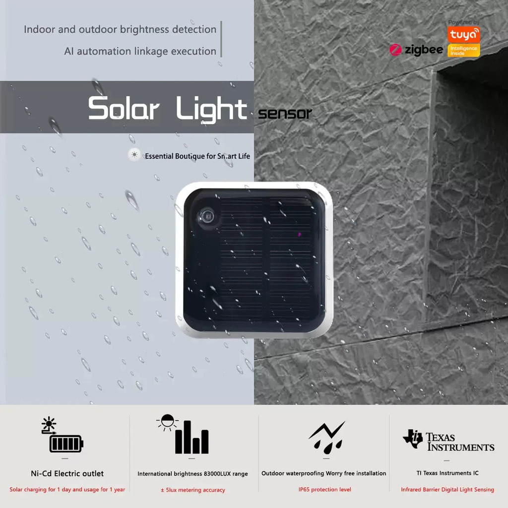 Tuya Smart Zigbee Solar‑Powered Light Sensor, Indoor & Outdoor Brightness Detector, IP65 Waterproof, No‑Replacement Battery, Smart Automation Linkage