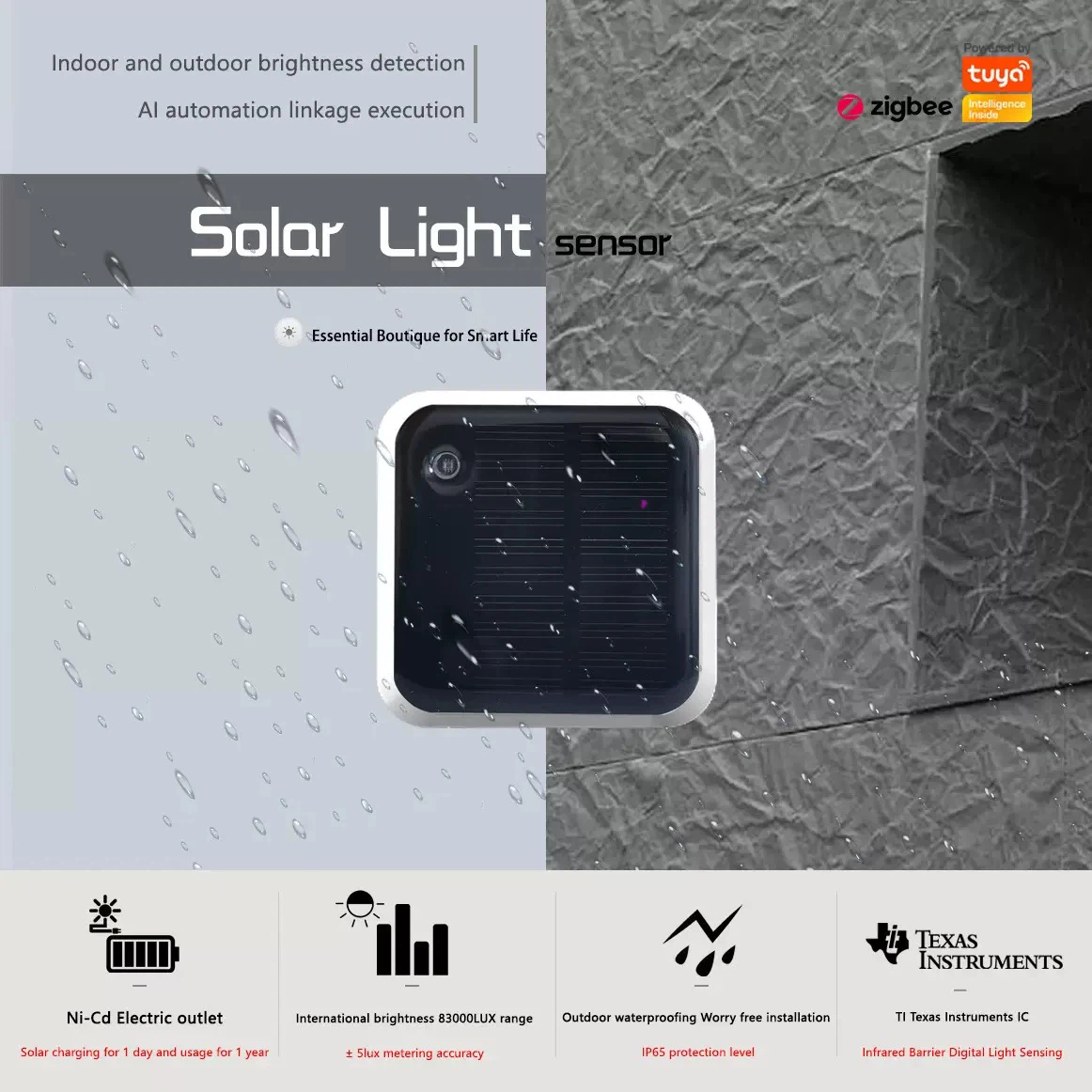Tuya Smart Zigbee Solar‑Powered Light Sensor, Indoor & Outdoor Brightness Detector, IP65 Waterproof, No‑Replacement Battery, Smart Automation Linkage