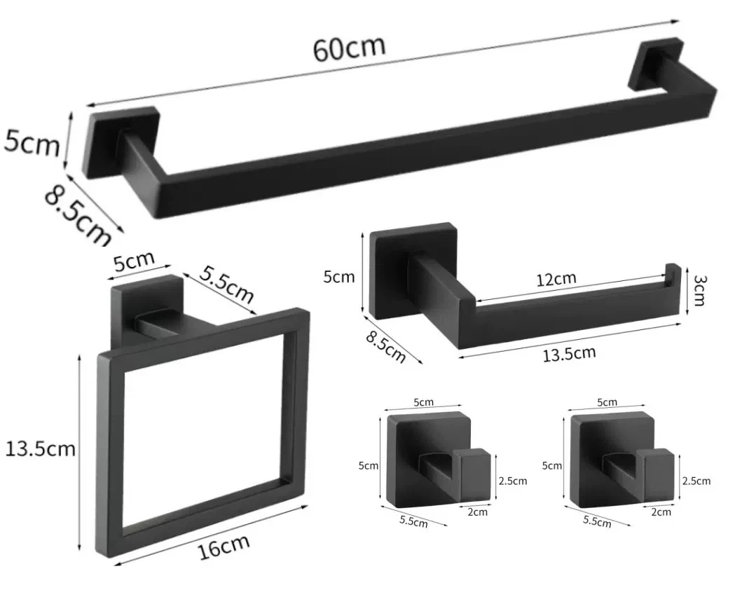 5Pcs Matte Black Square Tube Bathroom Hardware Set, Modern Wall‑Mount Bathroom Accessory Kit