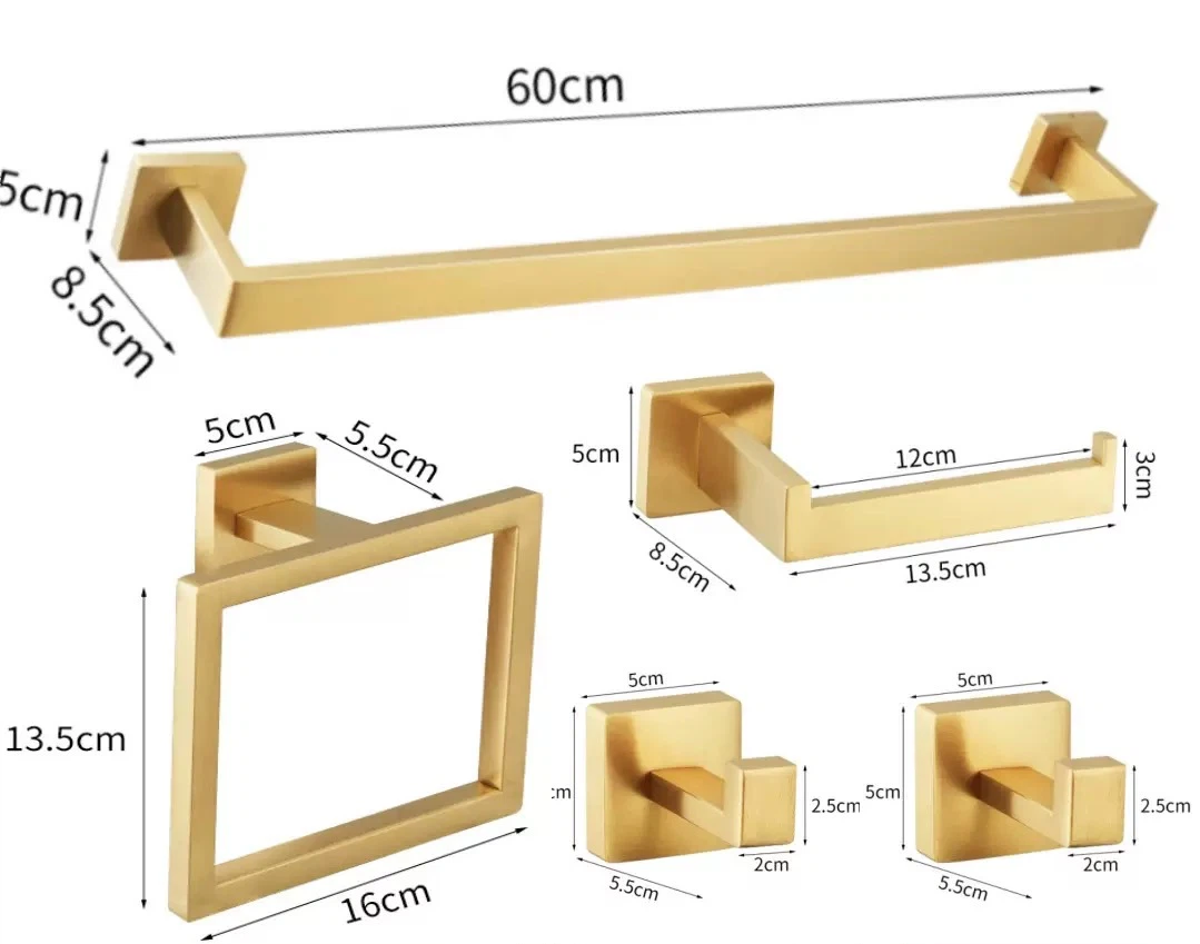5Pcs Brushed Gold Square Tube Bathroom Hardware Set, Modern Wall Mount Bathroom Accessory Kit