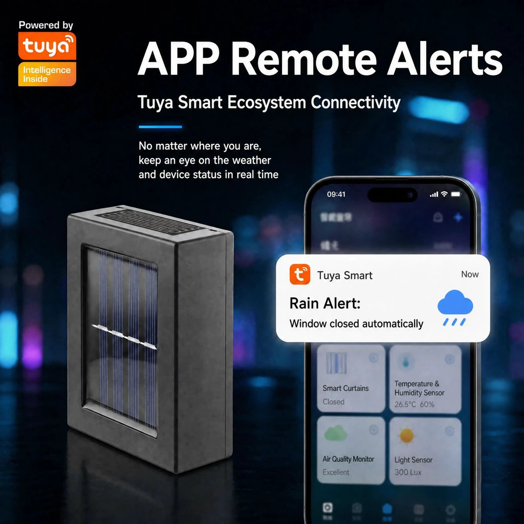 Tuya Smart Zigbee Solar‑Powered Rain Sensor, Intelligent Linkage Rainfall Detector for Auto Window‑Close, Flood & Water Leak Alarm, Waterproof Outdoor Use