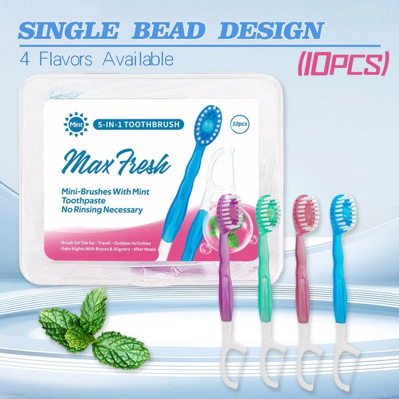 Disposable Mini Bead Toothbrush with Built‑in Dental Floss, No‑Rinse Portable Travel Toothbrush for Fresh Breath, 10‑Pack, 4 Assorted Flavors
