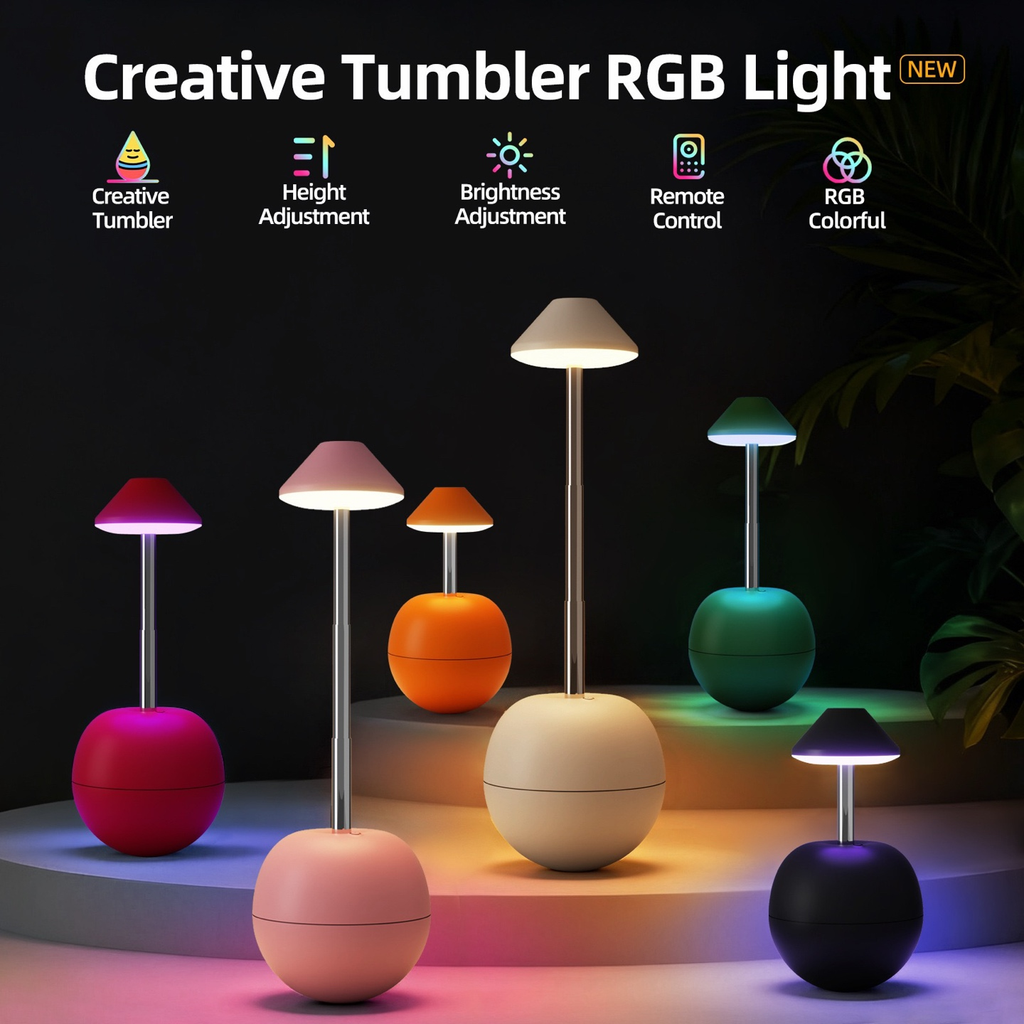 Tumbler Retractable RGB LED Table Lamp, Rechargeable Bedside Night Light