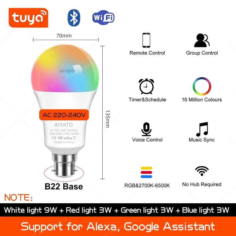 B22 Base TUYA Wifi Smart Bulb Bluetooth lamps Led RGB Smart Light 220V Alexa Google Assisatnt Voice Control Timing APP Group