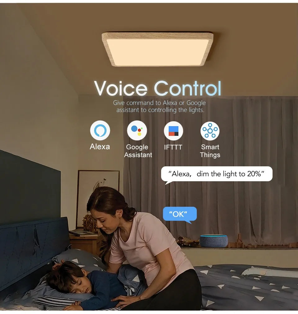 Smart LED Ceiling Lamp Wood Grain App Voice Control Alexa/Google Remote Control Square Ceiling Lights Living Room