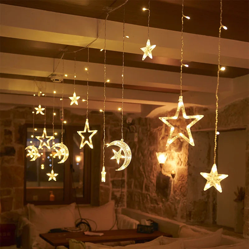 LED Star Moon Curtain String Light 3.5M Battery Powered Christmas Garland Decor Light Wedding Party Ramadan Decoration Supplies