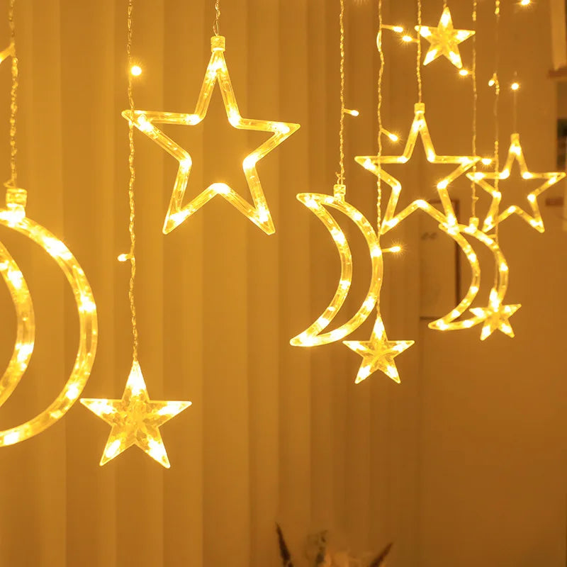 LED Star Moon Curtain String Light 3.5M Battery Powered Christmas Garland Decor Light Wedding Party Ramadan Decoration Supplies