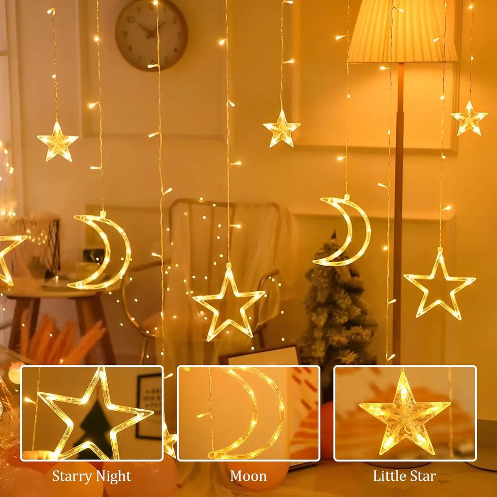LED Star Moon Curtain String Light 3.5M Battery Powered Christmas Garland Decor Light Wedding Party Ramadan Decoration Supplies