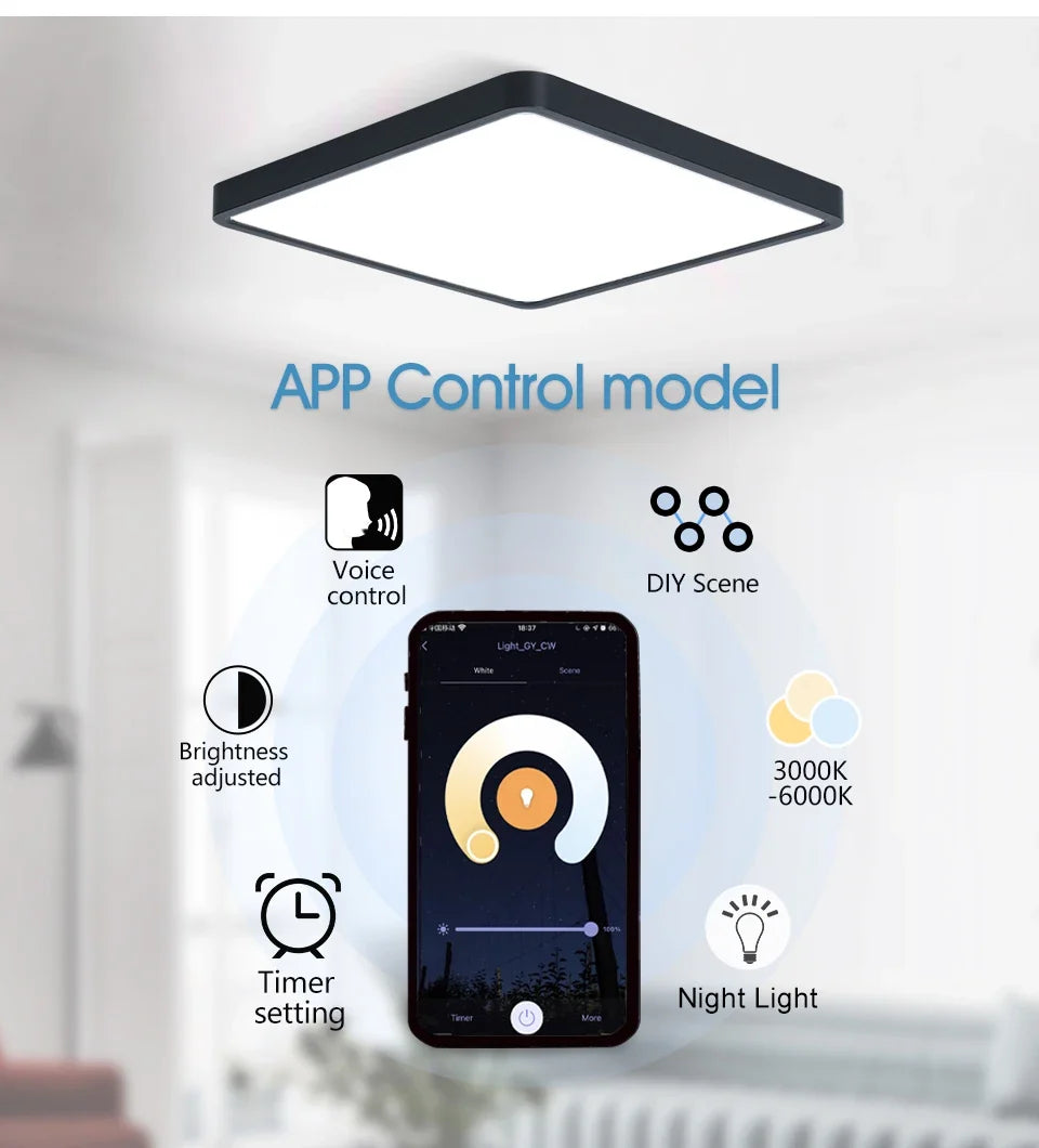 Smart LED Ceiling Lamp Wood Grain App Voice Control Alexa/Google Remote Control Square Ceiling Lights Living Room