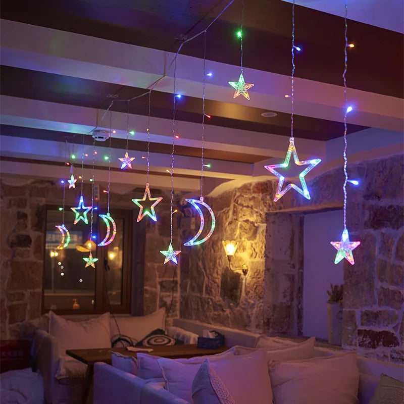 LED Star Moon Curtain String Light 3.5M Battery Powered Christmas Garland Decor Light Wedding Party Ramadan Decoration Supplies